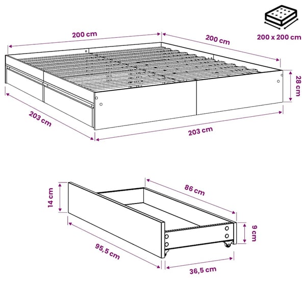 vidaXL Sengeramme med skuffer svart 200x200 cm konstruert tre