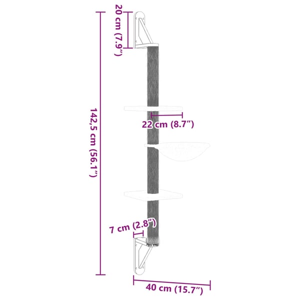 vidaXL Kissan raapimispuu seinälle tummanharmaa 142,5 cm