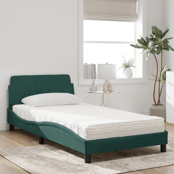 vidaXL seng med madras Dover 100x200 cm velour mørkegrøn