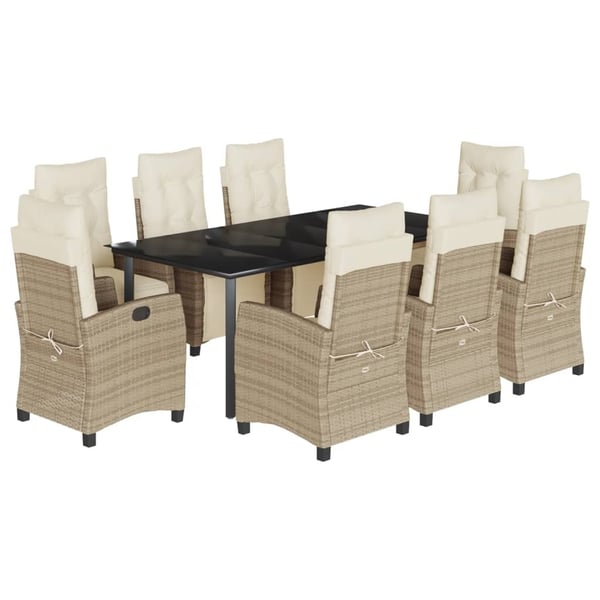 vidaXL spisebordssæt til haven 9 dele med hynder polyrattan beige