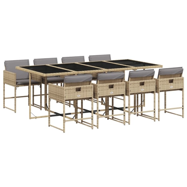 vidaXL spisebordssæt til haven 9 dele med hynder polyrattan beige