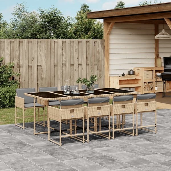 vidaXL spisebordssæt til haven 9 dele med hynder polyrattan beige