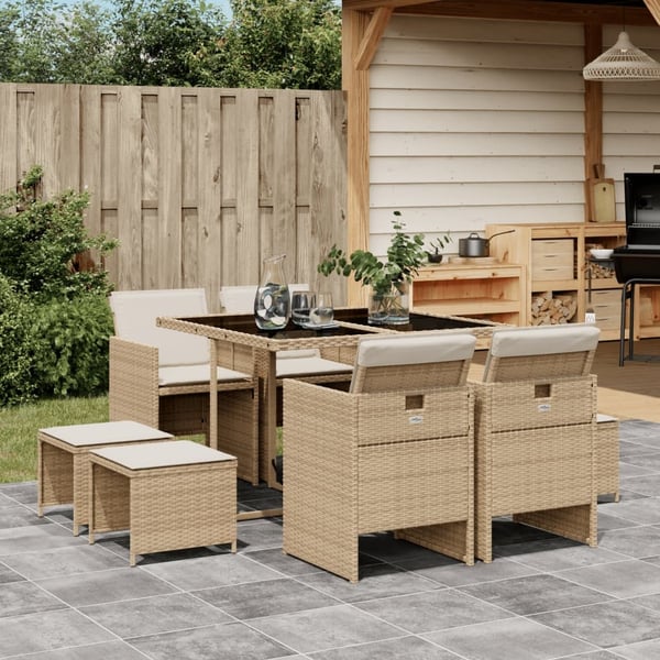 vidaXL spisebordssæt til haven 9 dele med hynder polyrattan beige