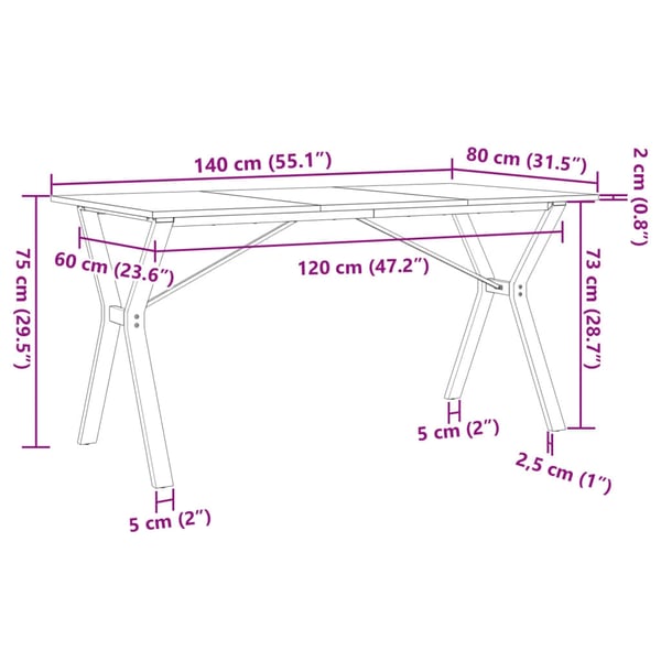 vidaXL Spisebord Y-ramme 140x80x75 cm heltre furu og stål