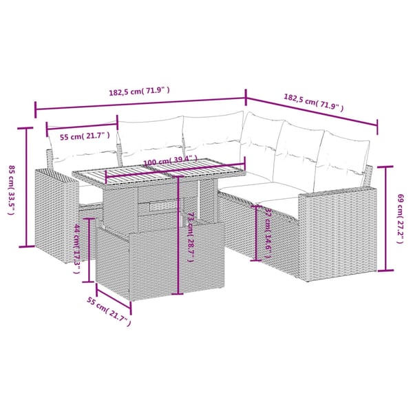 vidaXL sofasæt til haven 6 dele med hynder polyrattan grå