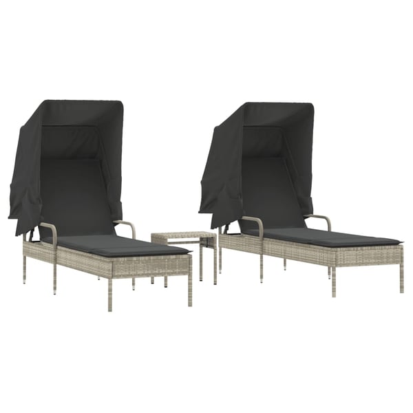 vidaXL liggestole 2 stk. med baldakiner og bord polyrattan lysegrå