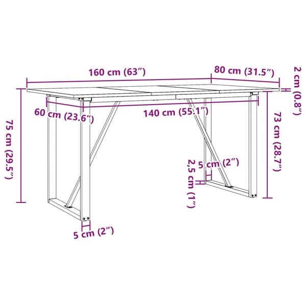 vidaXL Spisebord O-ramme 160x80x75 cm heltre furu og stål