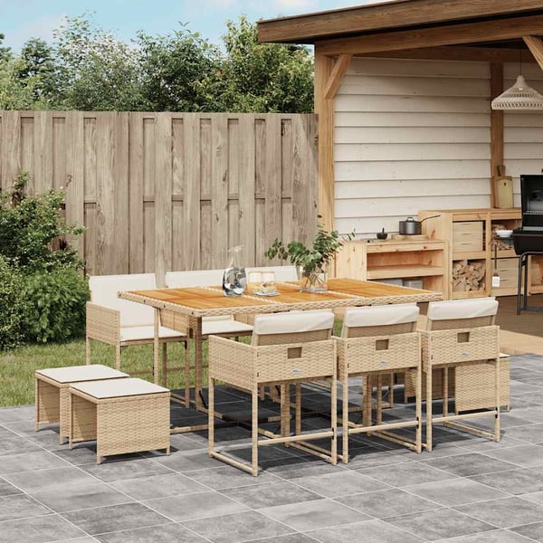 vidaXL spisebordssæt til haven 11 dele med hynder polyrattan beige