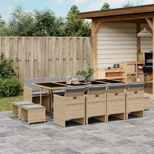 vidaXL spisebordssæt til haven 13 dele med hynder polyrattan beige