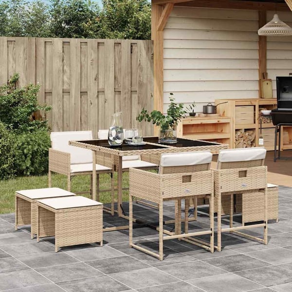 vidaXL spisebordssæt til haven 9 dele med hynder polyrattan beige
