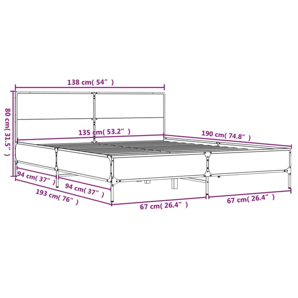 vidaXL Sengeramme grå sonoma 135x190 cm konstruert tre og metall