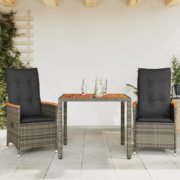 vidaXL bistrosæt til haven 3 dele med hynder polyrattan grå