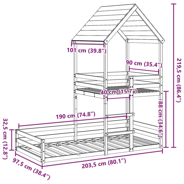 vidaXL Køyeseng med tak voksbrun 90x190 cm heltre furu