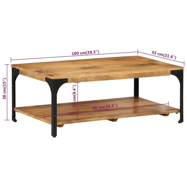 vidaXL sofabord med 2 hylder 100x55x38 cm massivt mangotræ og stål