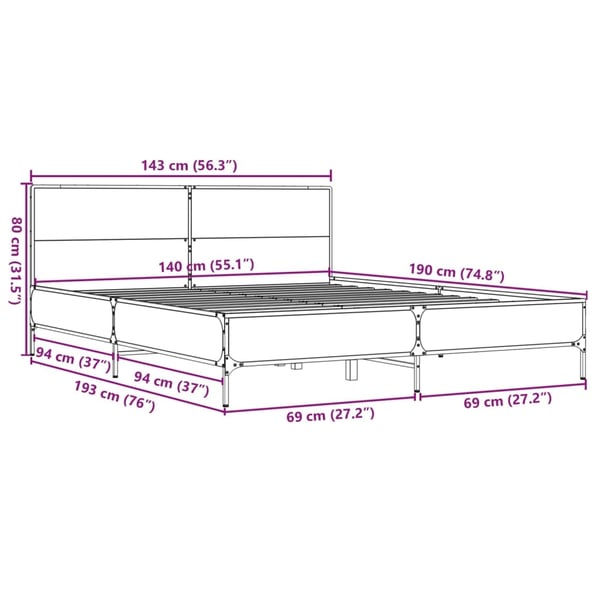 vidaXL Sengeramme brun eik 140x190 cm konstruert tre og metall