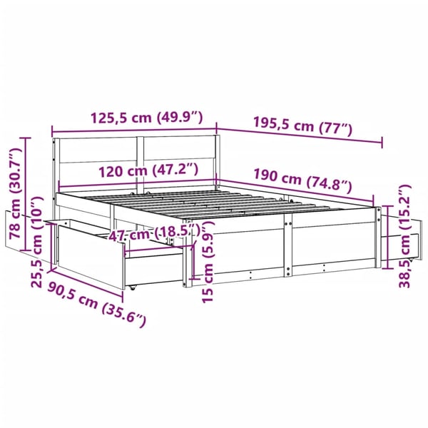 vidaXL Sengeramme uten madrass voksbrun 120x190 cm heltre furu