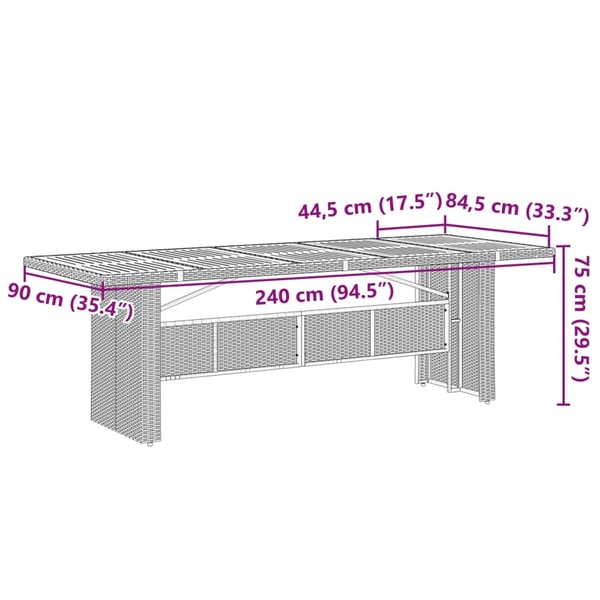 vidaXL Puutarhapöytä lasipöytälevy harmaa 240x90x75 cm polyrottinki