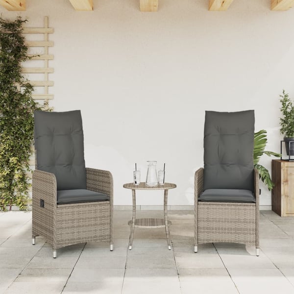 vidaXL havestole 2 stk. med lænefunktion og bord polyrattan grå