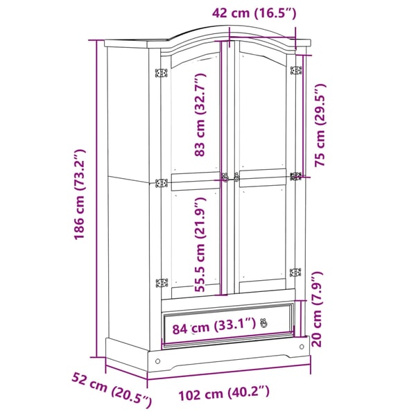 vidaXL Garderobe Corona hvit 102x52x186 cm heltre furu