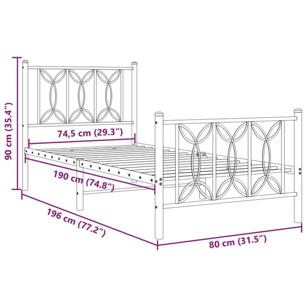 vidaXL Sengeramme i metall med hode- og fotgavl hvit 75x190 cm