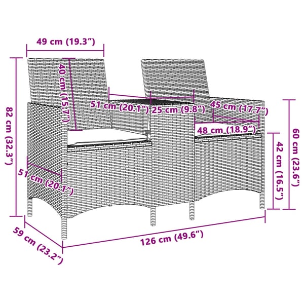 vidaXL 2-personers havesofa med bord og hynder polyrattan beige