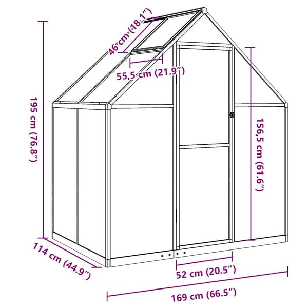 vidaXL drivhus med fundamentramme 169x114x195 cm aluminium sølvfarvet