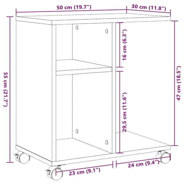 vidaXL Sidebord med hjul grå sonoma 50x30x55 cm konstruert tre