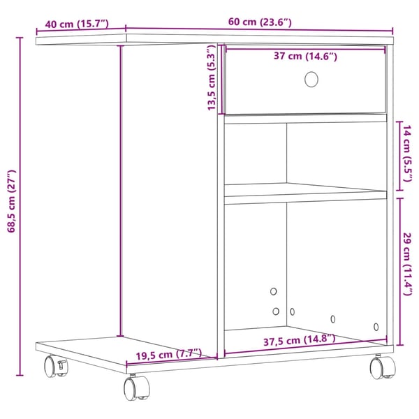 vidaXL Skriverstativ med hjul sonoma eik 60x40x68,5 cm