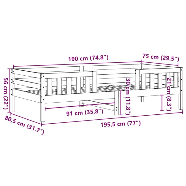 vidaXL Sengeramme uten madrass hvit 75x190 cm heltre furu