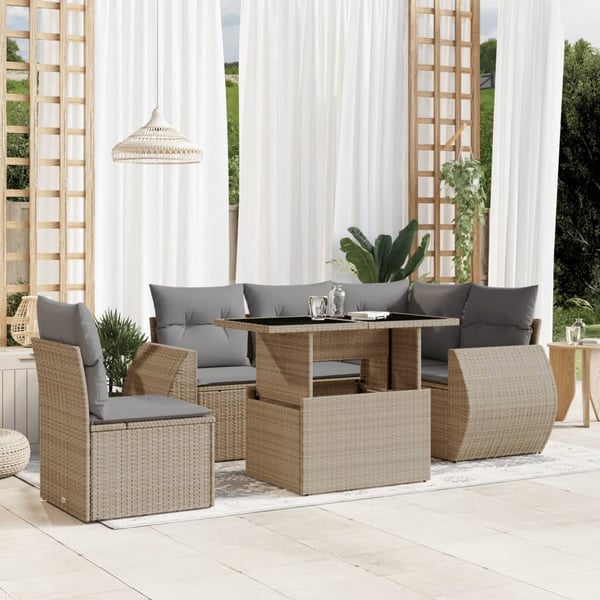 vidaXL sofasæt til haven 6 dele med hynder polyrattan beige