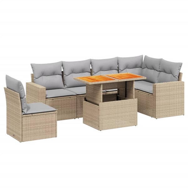 vidaXL Matgrupp för trädgården med dynor 7 delar beige konstrotting