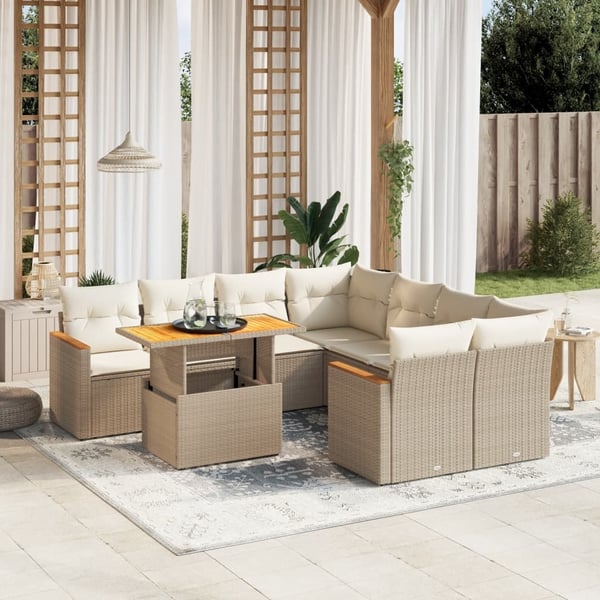 vidaXL Soffgrupp för trädgården med dynor 9 delar beige konstrotting