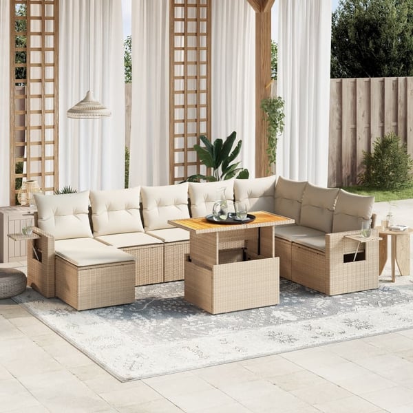 vidaXL Soffgrupp för trädgården med dynor 9 delar beige konstrotting