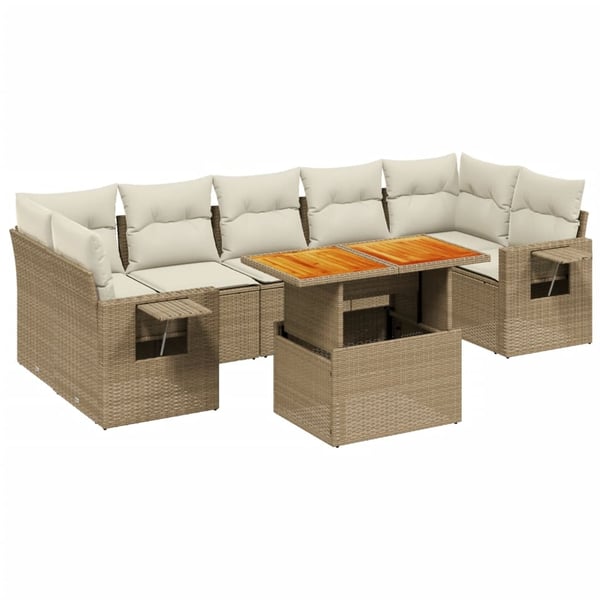 vidaXL Matgrupp för trädgården med dynor 8 delar beige konstrotting