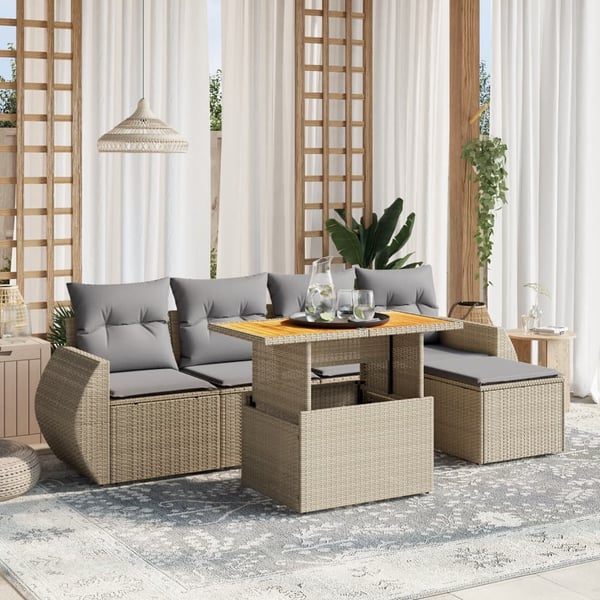 vidaXL Soffgrupp för trädgården med dynor 6 delar beige konstrotting
