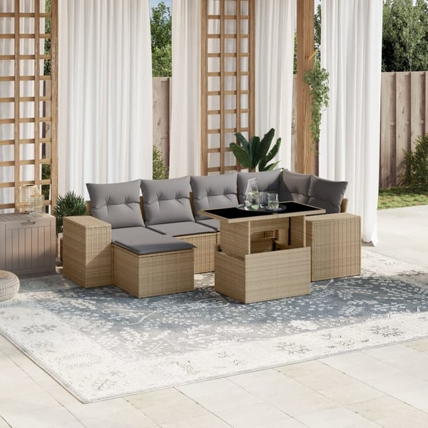 vidaXL sofasæt til haven 7 dele med hynder polyrattan beige