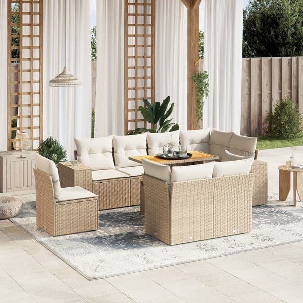 vidaXL Soffgrupp för trädgården med dynor 9 delar beige konstrotting