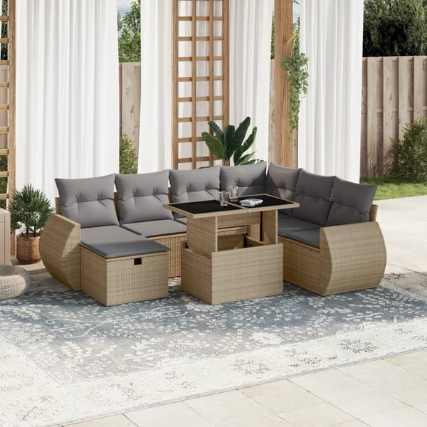vidaXL Matgrupp för trädgården med dynor 8 delar beige konstrotting