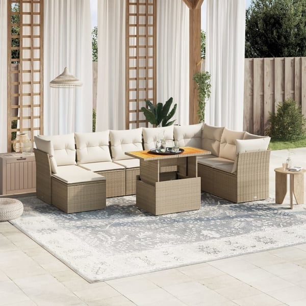 vidaXL sofasæt til haven 9 dele med hynder polyrattan beige