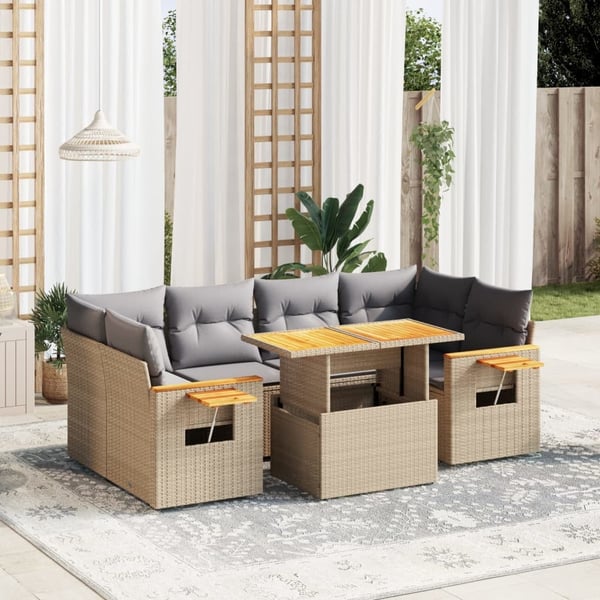 vidaXL sofasæt til haven 7 dele med hynder polyrattan beige