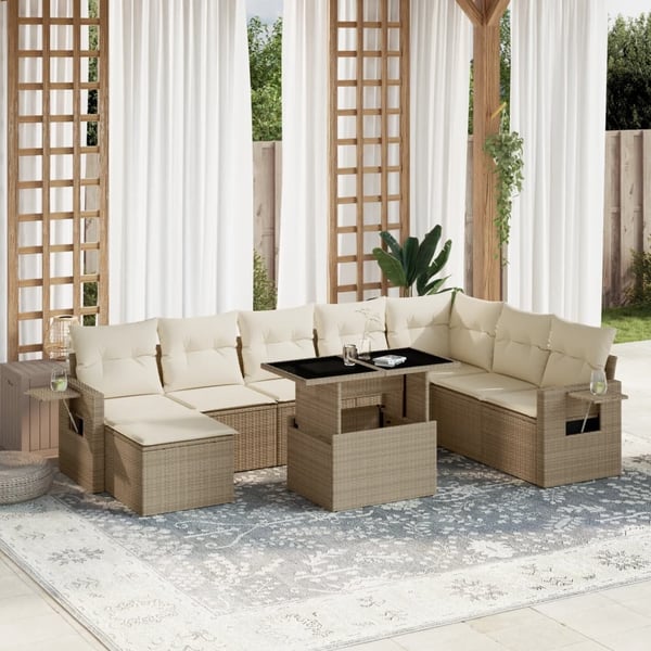 vidaXL Soffgrupp för trädgården med dynor 9 delar beige konstrotting