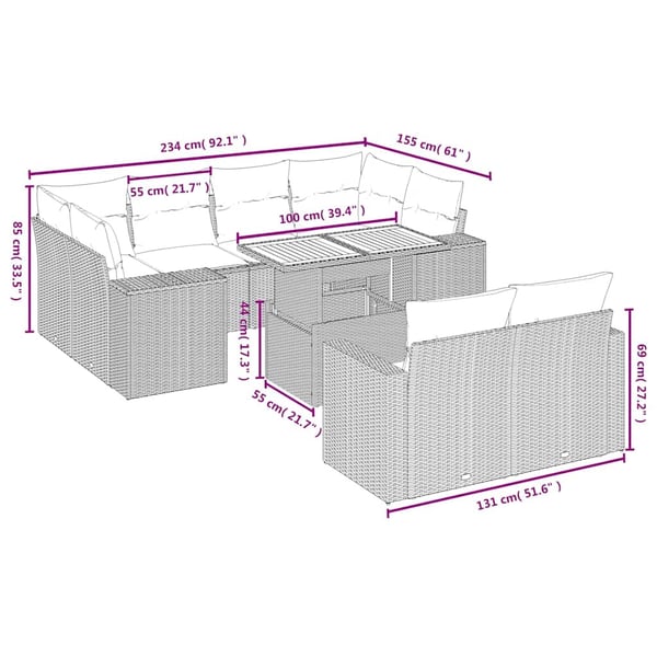 vidaXL sofasæt til haven 11 dele med hynder polyrattan beige