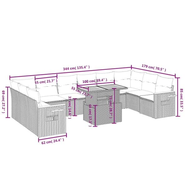 vidaXL sofasæt til haven 11 dele med hynder polyrattan beige