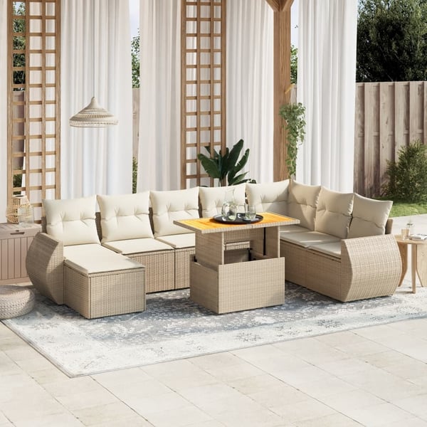 vidaXL Soffgrupp för trädgården med dynor 9 delar beige konstrotting