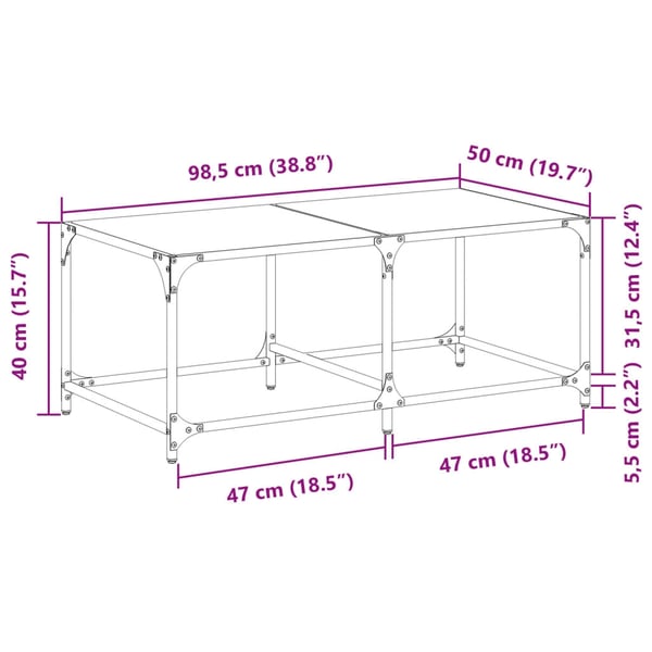 vidaXL sofabord med sort glastop 98,5x50x40 cm stål