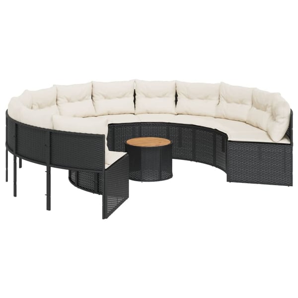 vidaXL havesofa med bord og hynder rund polyrattan sort