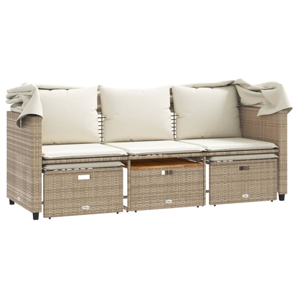 vidaXL 3-personers havesofa med baldakin og skamler polyrattan beige