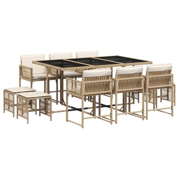 vidaXL spisebordssæt til haven 11 dele med hynder polyrattan beige