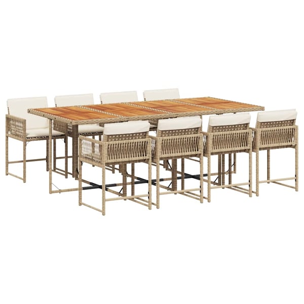 vidaXL spisebordssæt til haven 9 dele med hynder polyrattan beige