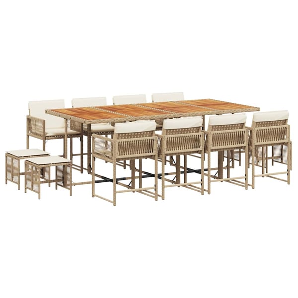vidaXL spisebordssæt til haven 13 dele med hynder polyrattan beige